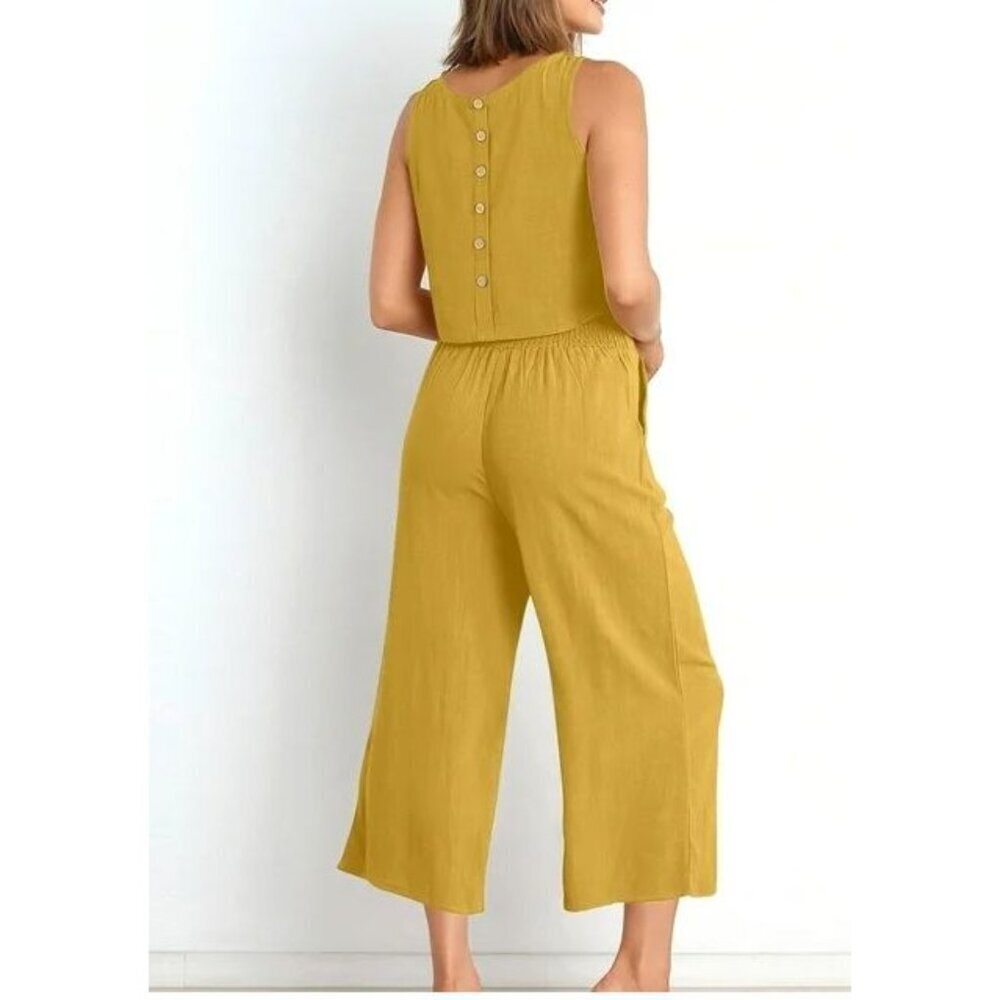 Women Sleeveless Round Neck Jumpsuit Cropped Wide leg Boho Comfort L Yellow